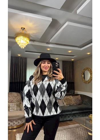 Gri Siyah Geometrik Desenli baklava  Kadın Kazak - Görsel 2