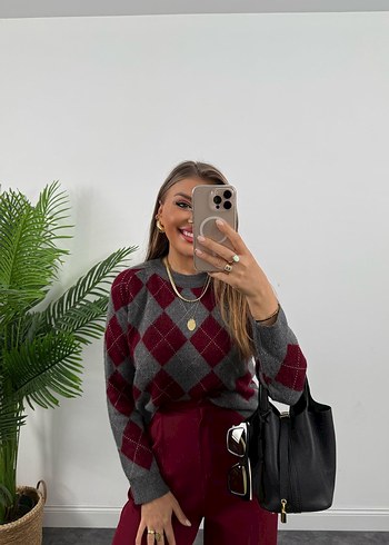 Bordo baklava Desenli triko Kadın Kazak - Görsel 2