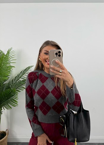 Bordo baklava Desenli triko Kadın Kazak - Görsel 3