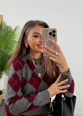 Bordo baklava Desenli triko Kadın Kazak - Görsel 4