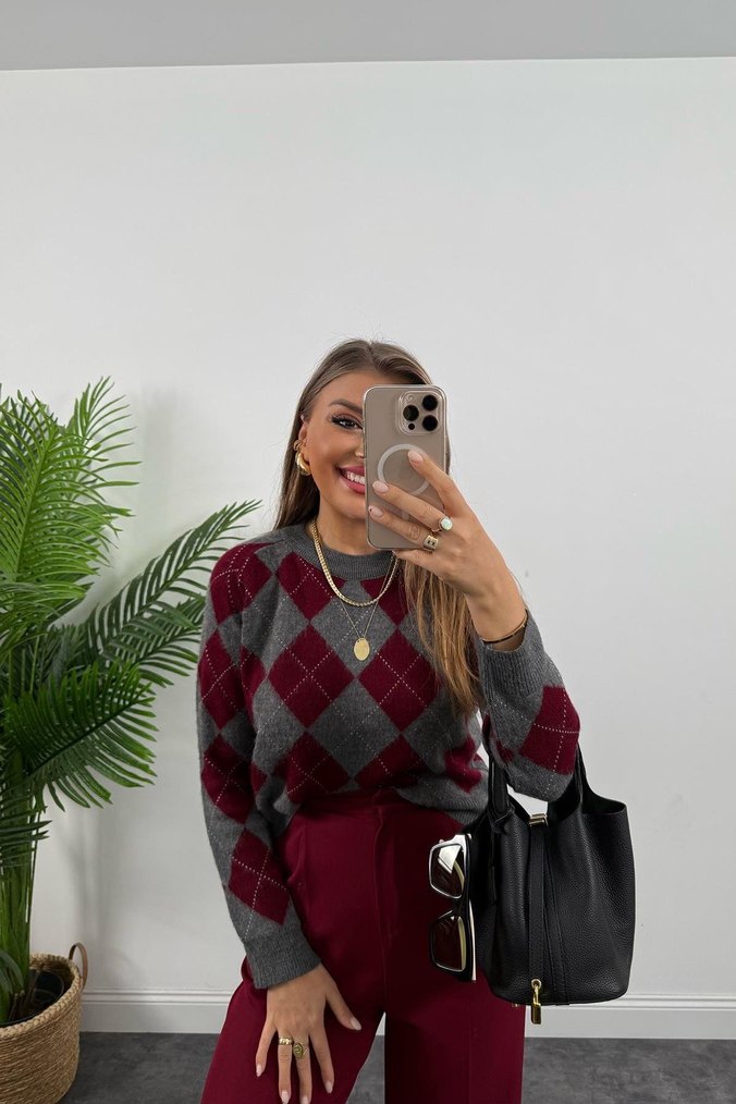 Bordo baklava Desenli triko Kadın Kazak - Görsel 2