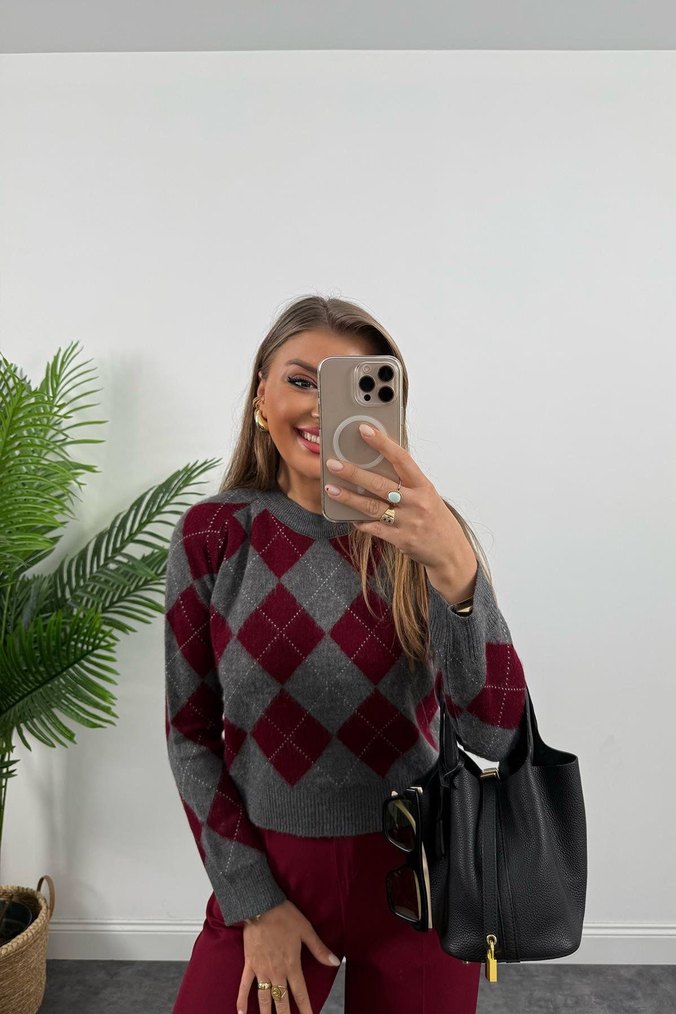 Bordo baklava Desenli triko Kadın Kazak - Görsel 3