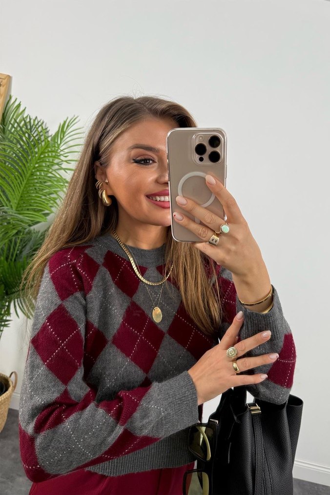 Bordo baklava Desenli triko Kadın Kazak - Görsel 4