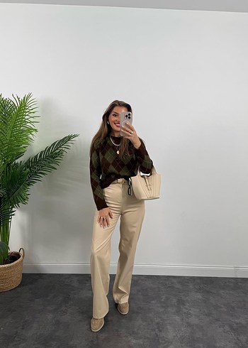 Kahverengi Ekose baklava desen Kadın Kazak - Görsel 3