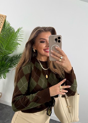 Kahverengi Ekose baklava desen Kadın Kazak - Görsel 2