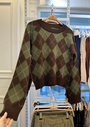 Kahverengi Ekose baklava desen Kadın Kazak - Görsel 4