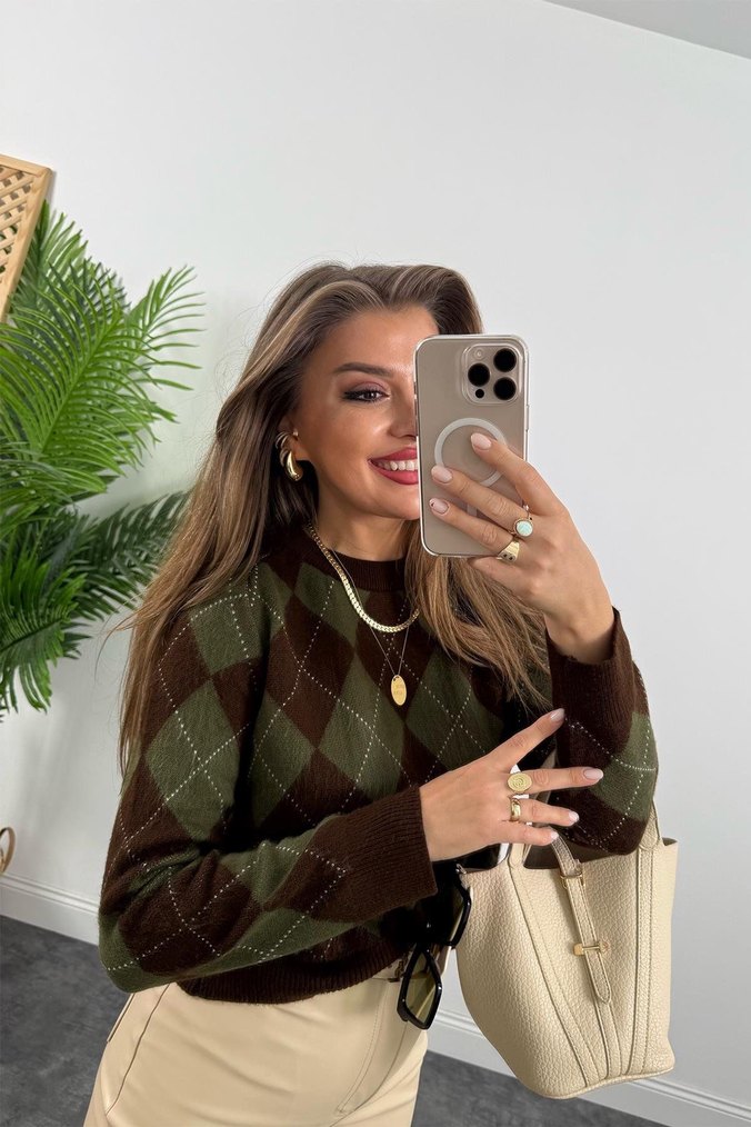 Kahverengi Ekose baklava desen Kadın Kazak - Görsel 2