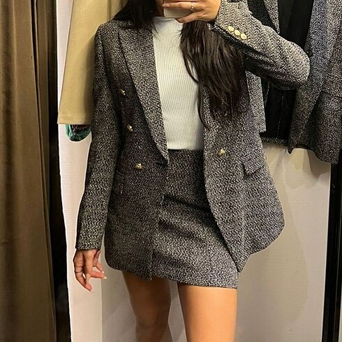 Zara Gri Dokulu Blazer Takım