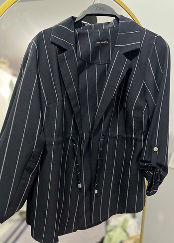 Düğmeli Çizgili Siyah Kadın Blazer Ceket - Görsel 2
