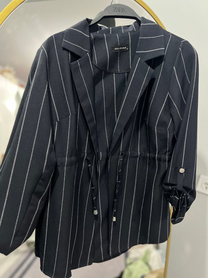 Düğmeli Çizgili Siyah Kadın Blazer Ceket - Görsel 2