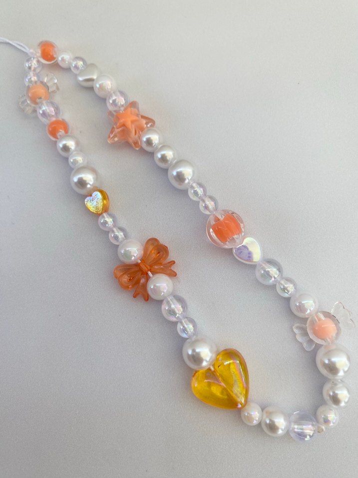 Pastel Renkli Boncuklu turuncu telefon charmı kalpli charm - Görsel 2