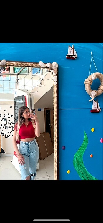 Kadın kırmızı fitilli crop fullamoda