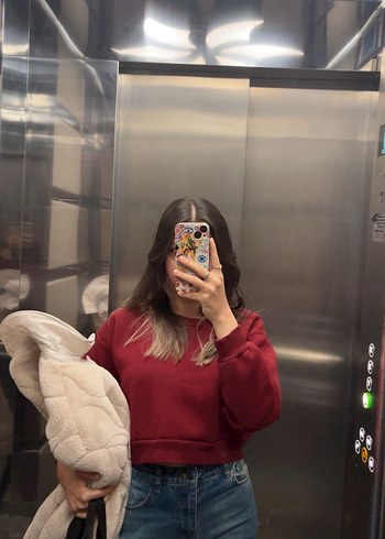 Bordo Kadın Sweatshirt, Bisiklet Yaka, Rahat Kesim - Görsel 5