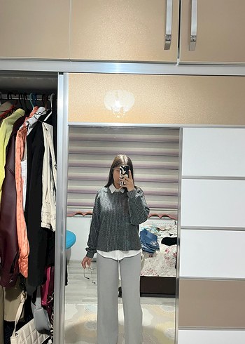 Gri palazzo Kadın Kumaş Pantolon - Görsel 4