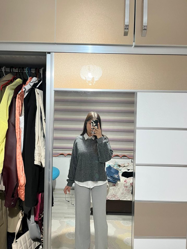 Gri palazzo Kadın Kumaş Pantolon - Görsel 4