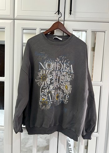 Gri Baskılı Kadın Sweatshirt