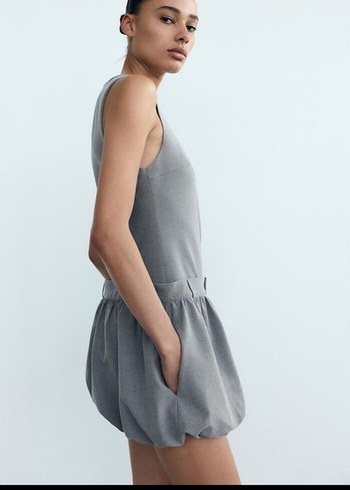 Gri Kemerli Kolsuz Mini elbise - Görsel 7