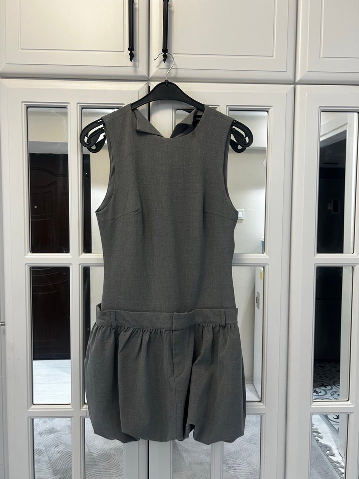 Gri Kemerli Kolsuz Mini elbise - Görsel 2