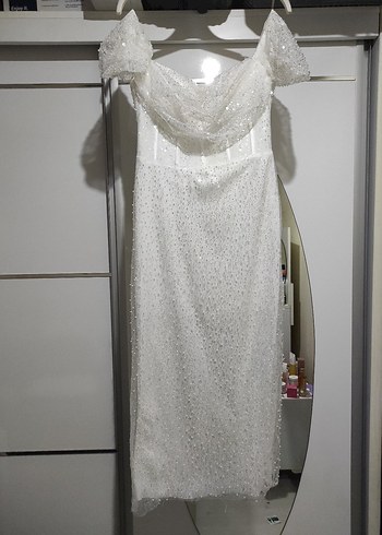 Beyaz İnci Drapeli Straplez Midi Abiye Nikah Nişan Elbisesi