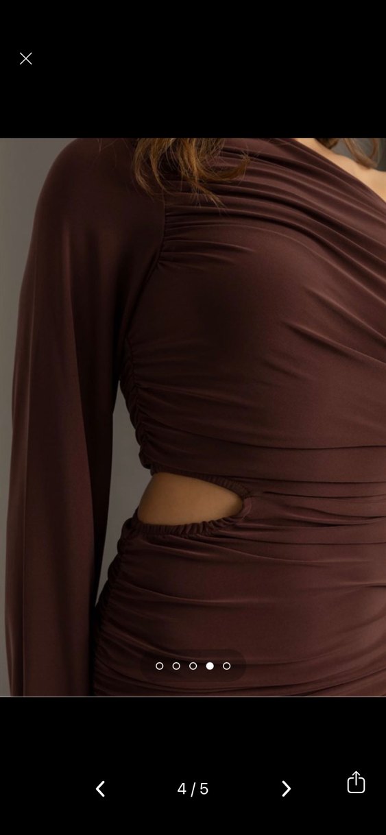 Tek Omuzlu Kahverengi Mini Elbise - Görsel 4