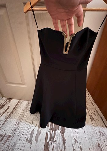 Siyah Straplez Uzun Drapeli Kadın Elbisesi - Görsel 5