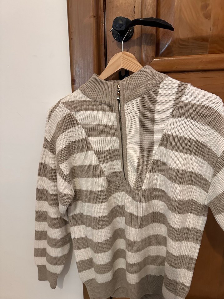 Bej Gri Çizgili Yarım Fermuarlı Triko Kazak - Görsel 3