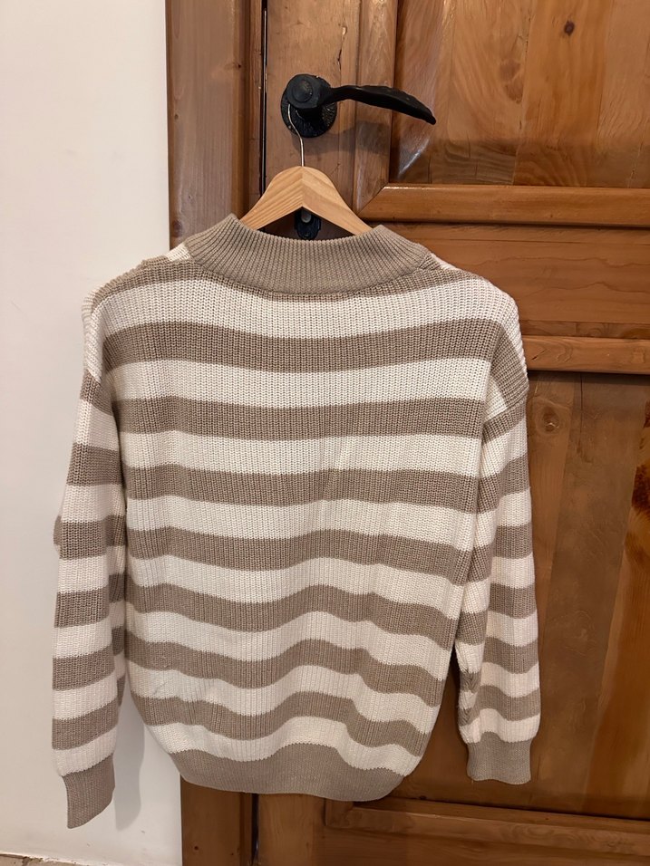 Bej Gri Çizgili Yarım Fermuarlı Triko Kazak - Görsel 2