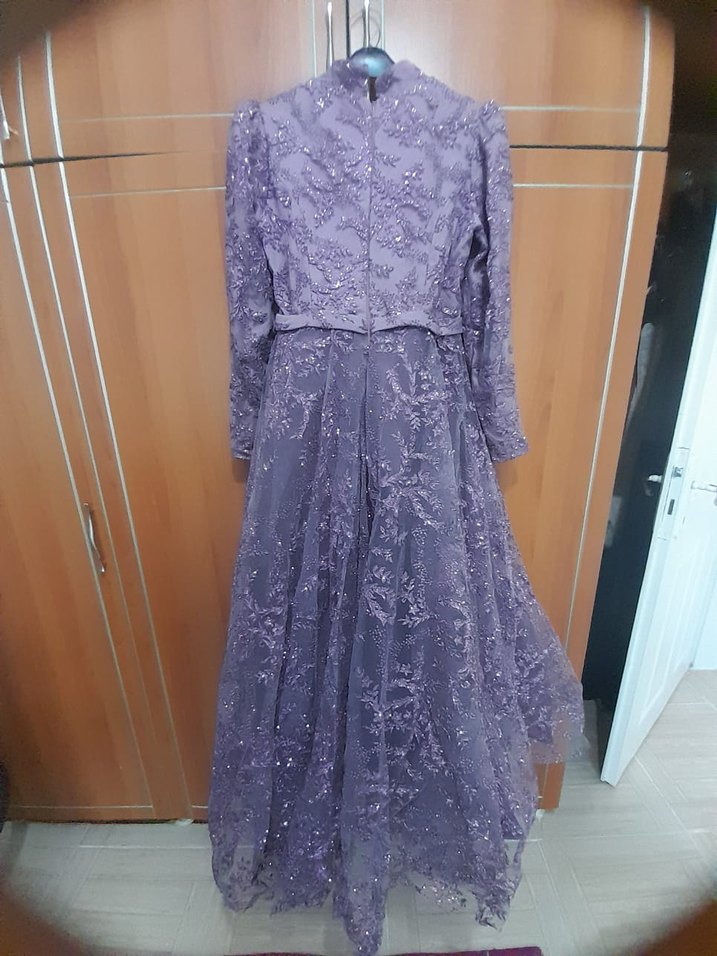 Uzun Kollu Mor Drapeli Abiye Elbise - Görsel 2