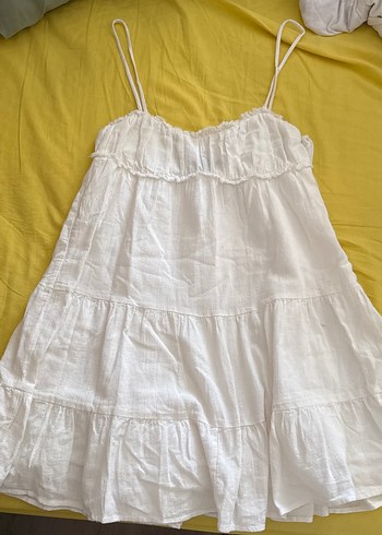 Beyaz Keten Straplez İpli Midi Elbise