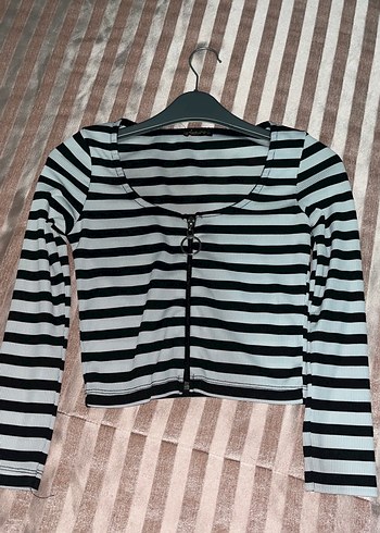 Çizgili Uzun Kollu Crop Top - Görsel 2