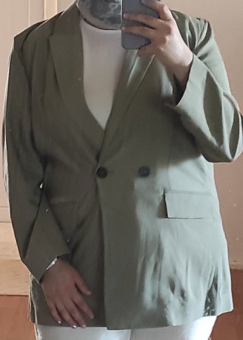 Haki(yeşil ton) Düğmeli Kadın Keten Blazer Ceket - Görsel 5