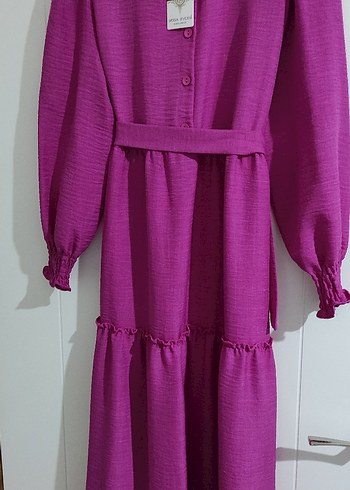 Mor Uzun Kollu Volanlı Uzun Elbise - Görsel 2