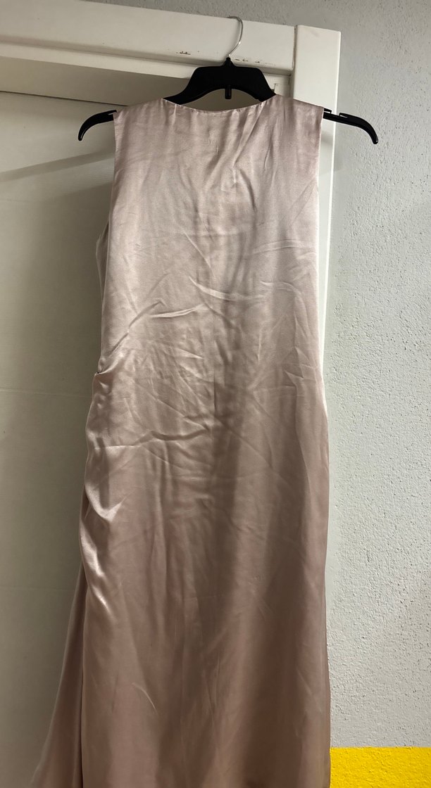 Parlak %100 ipek Bej midi Park bravo Elbise - Görsel 4