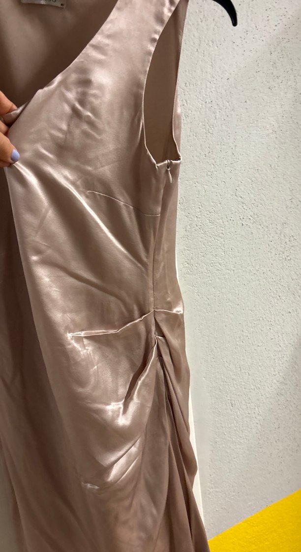 Parlak %100 ipek Bej midi Park bravo Elbise - Görsel 3