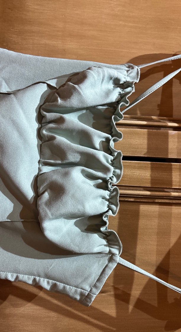 Yeşil Keten Elbise, Askılı ve göğsü büzgülü - Görsel 4