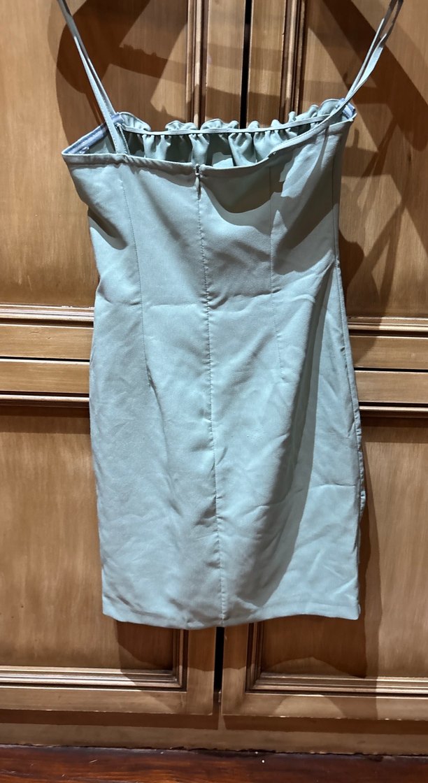 Yeşil Keten Elbise, Askılı ve göğsü büzgülü - Görsel 2