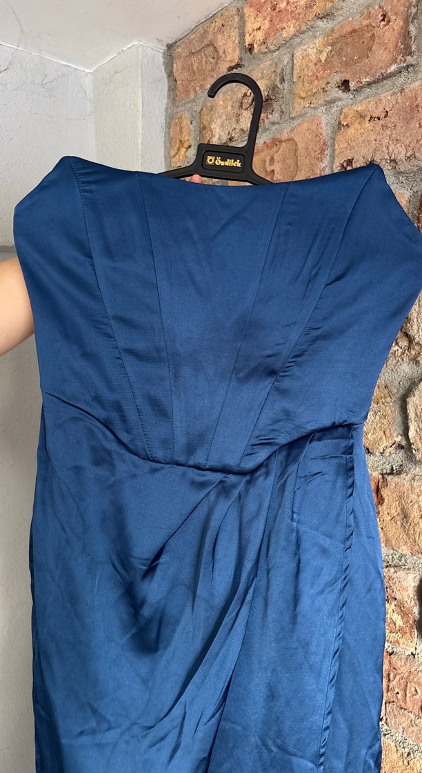 Straplez Drapeli Uzun Lacivert Abiye Elbise - Görsel 3