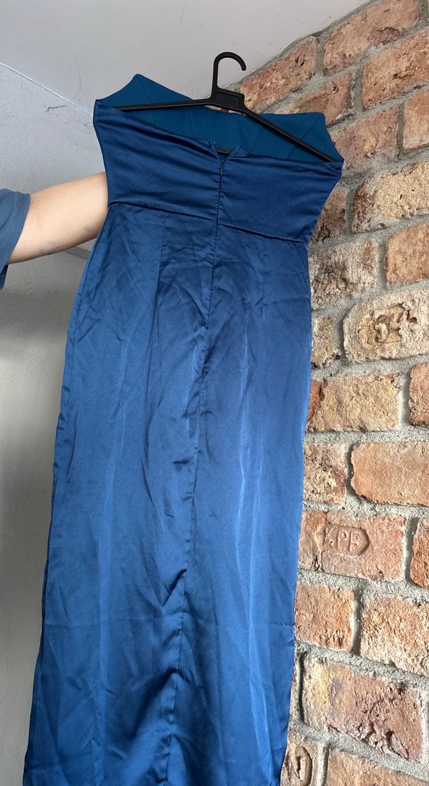 Straplez Drapeli Uzun Lacivert Abiye Elbise - Görsel 2