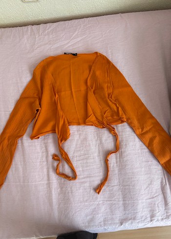 Turuncu V Yaka Uzun Kollu Keten Bluz - Görsel 2