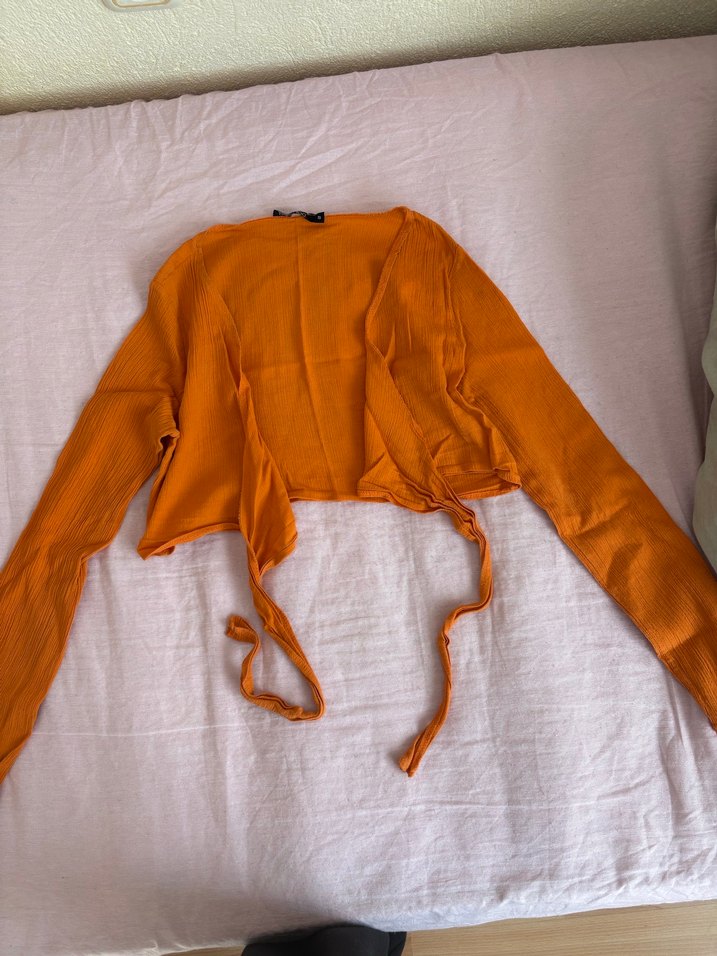 Turuncu V Yaka Uzun Kollu Keten Bluz - Görsel 2
