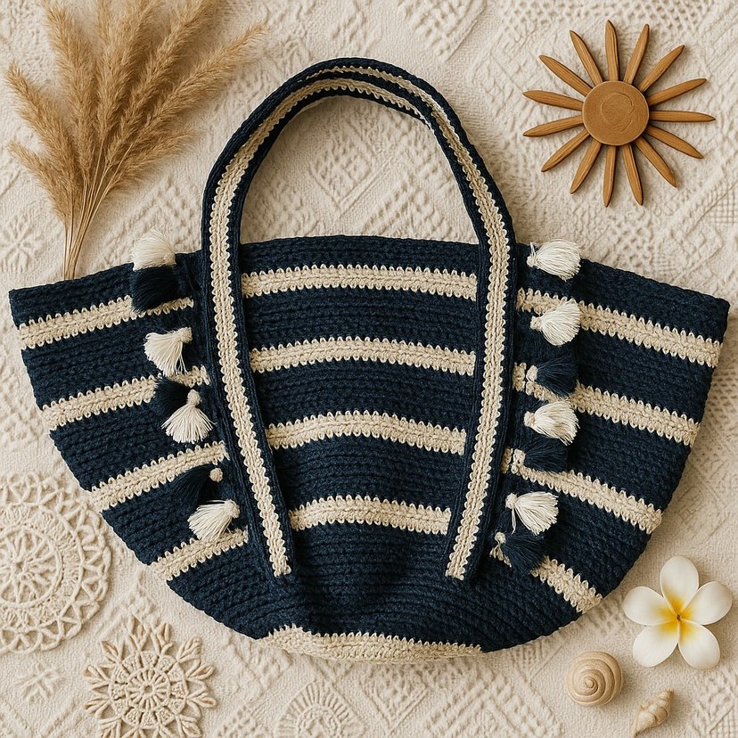Bohem çizgili, Püsküllü El Örgü Kadın omuz veya plaj Çanta - Görsel 2