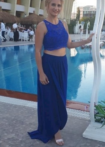 m Beden Kadın Mavi Dantel Detaylı Midi Elbise