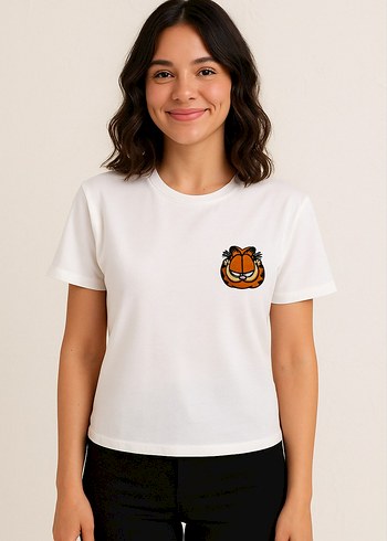 Ambar Garfield Baskılı Beyaz Penye Tişört