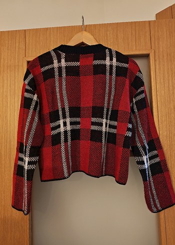 Kırmızı Ekose Desenli Triko Kadın Kazak - Görsel 2