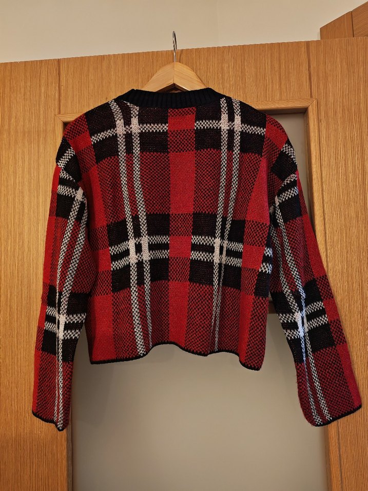Kırmızı Ekose Desenli Triko Kadın Kazak - Görsel 2