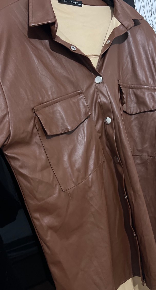Düğmeli Kahverengi Deri Kadın Ceket - Görsel 2