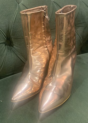 Altın Parlak kalın Topuklu Kadın Bot - Görsel 5