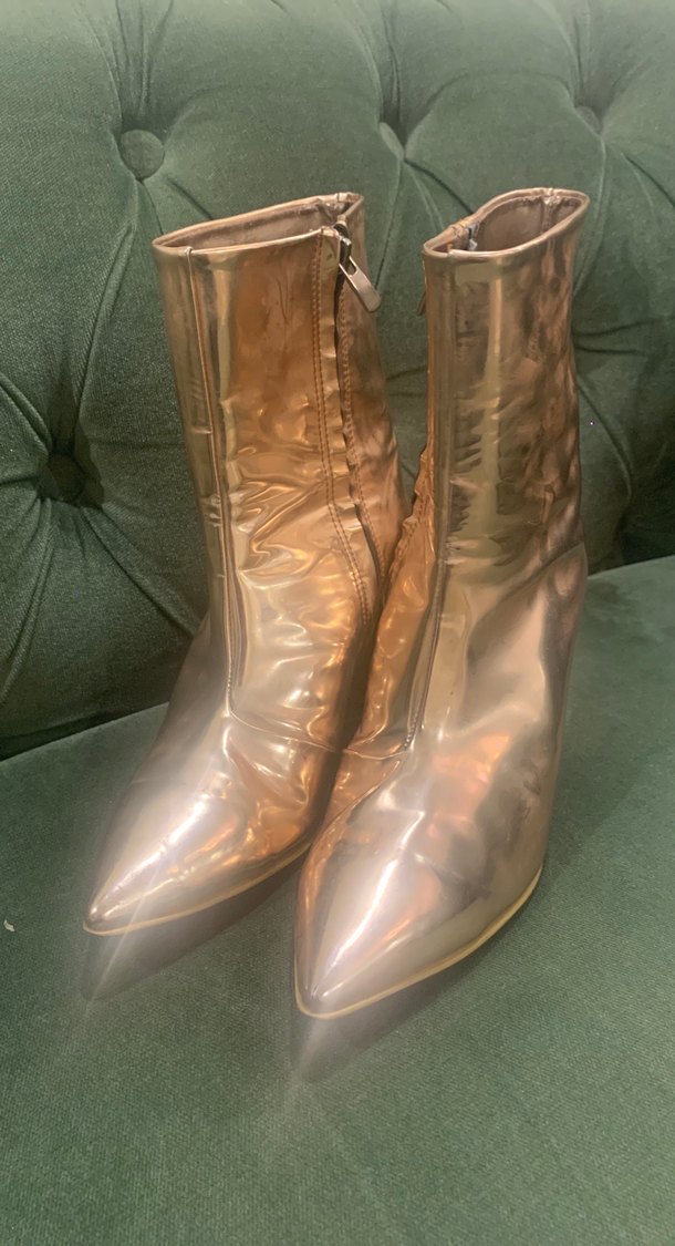 Altın Parlak kalın Topuklu Kadın Bot - Görsel 5