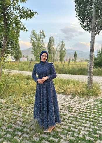 Abiye Uzun Kol, Bohem Mavi Bağlama Desenli Elbise