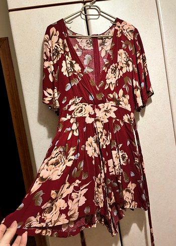 Bordo Çiçek Desenli Bohem Mini şortlu Tulum elbise - Görsel 2